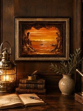 Vintage Original Oil Painting Cave Harbor Sunset Seascape Signed Ferber